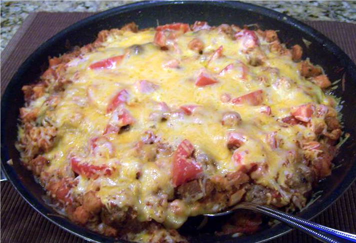 One Skillet Sausage and Stuffing Parmesan